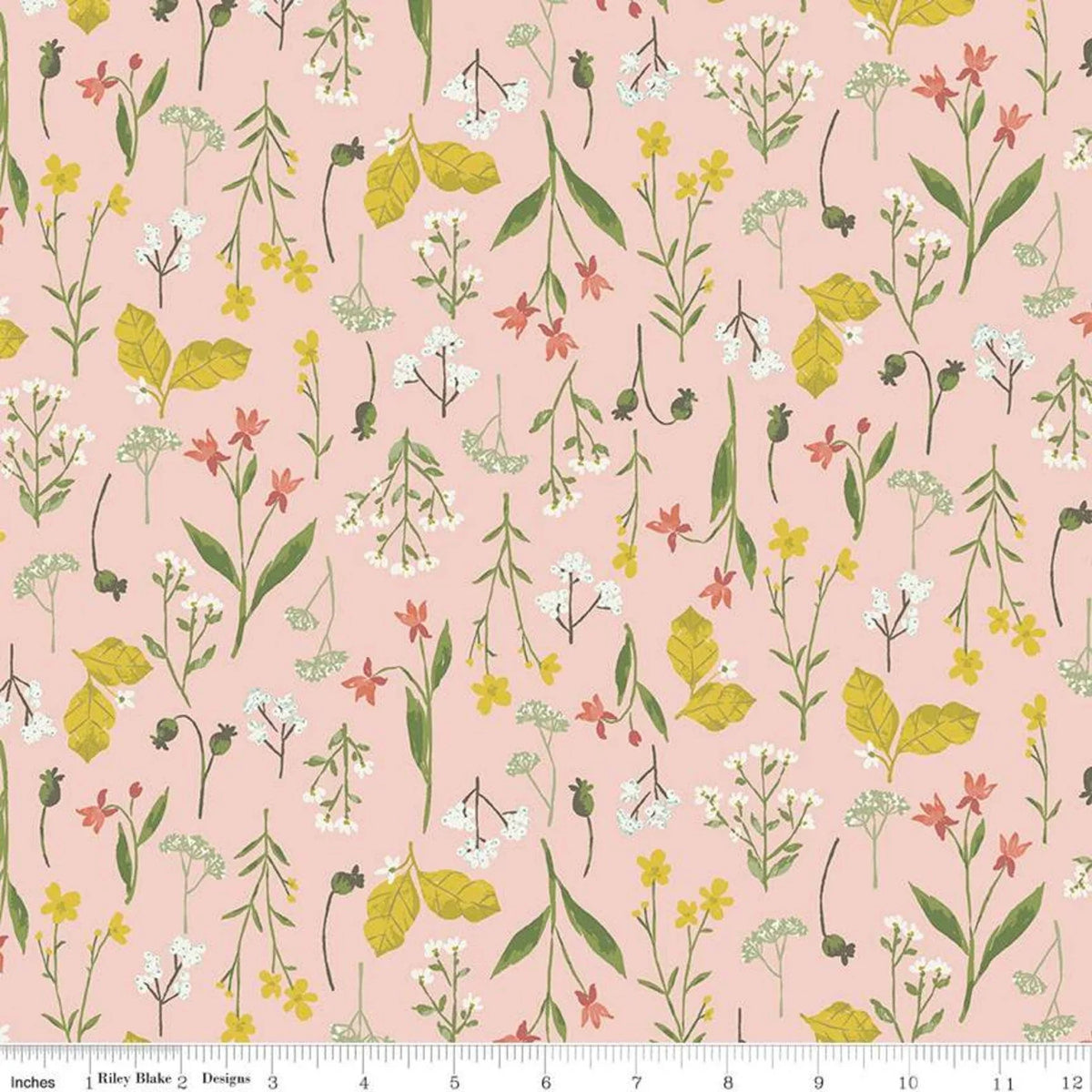 Blush pink floral sprigs fabric with small flowers and leaves in green and yellow