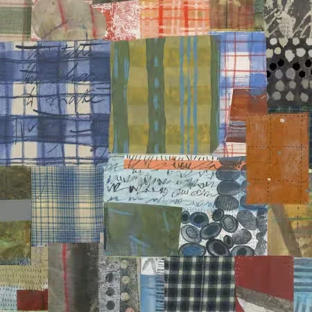 Abstract mixed media fabric collage with blue, green, and orange textured quilt squares.