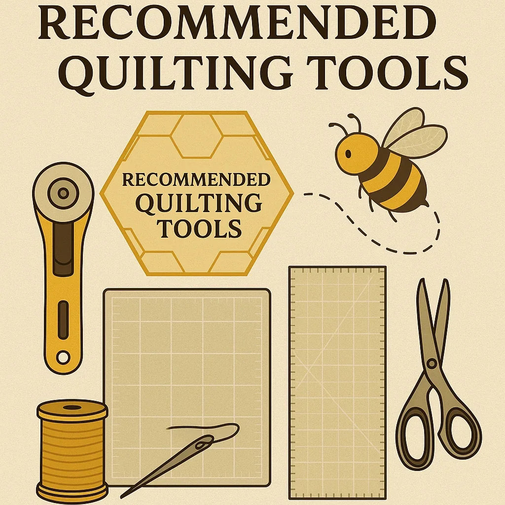 Illustration of recommended quilting tools including a rotary cutter, mat, ruler, and scissors.