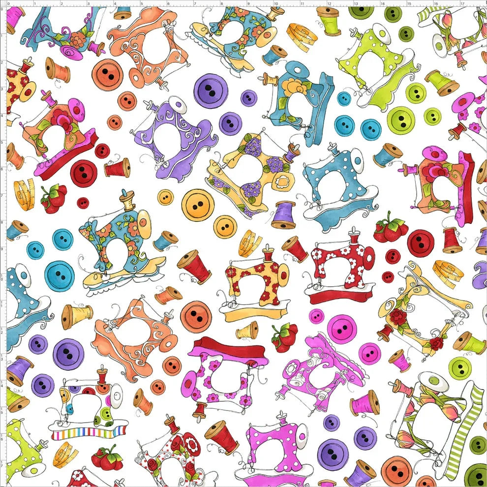 Colorful pattern of vintage sewing machines, buttons, and spools on white cotton fabric.