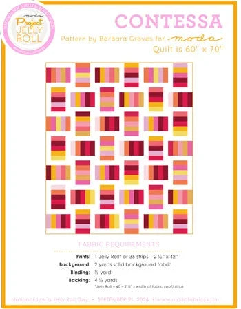 Contessa quilt pattern by Barbara Groves for Moda featuring pink and yellow fabric strips.