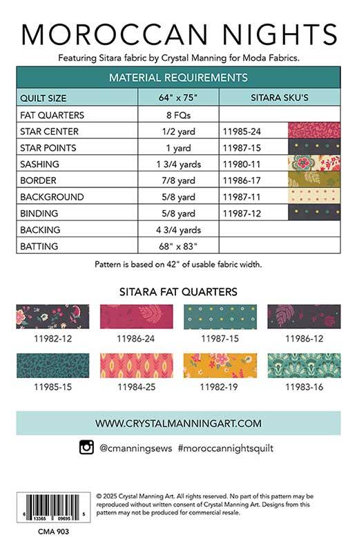 Quilt pattern instruction sheet with material requirements and fabric swatches