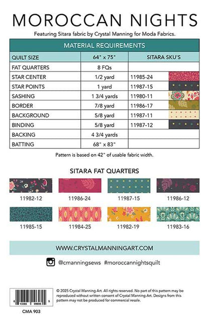 Quilt pattern instruction sheet with material requirements and fabric swatches