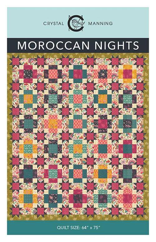 Moroccan Nights quilt pattern cover with a multicolor patchwork quilt design