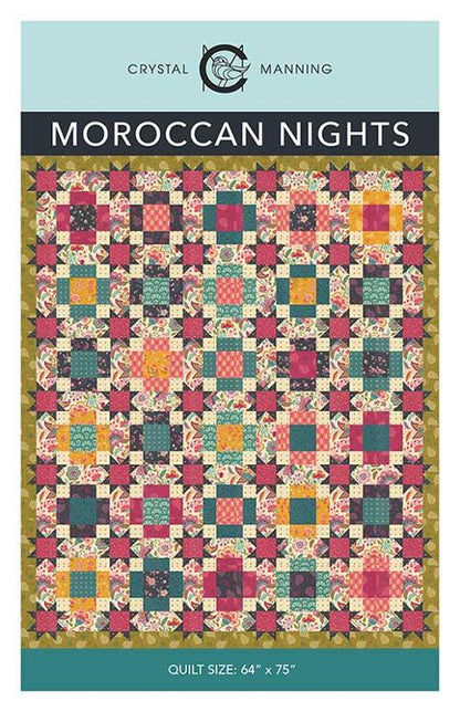 Moroccan Nights quilt pattern cover with a multicolor patchwork quilt design