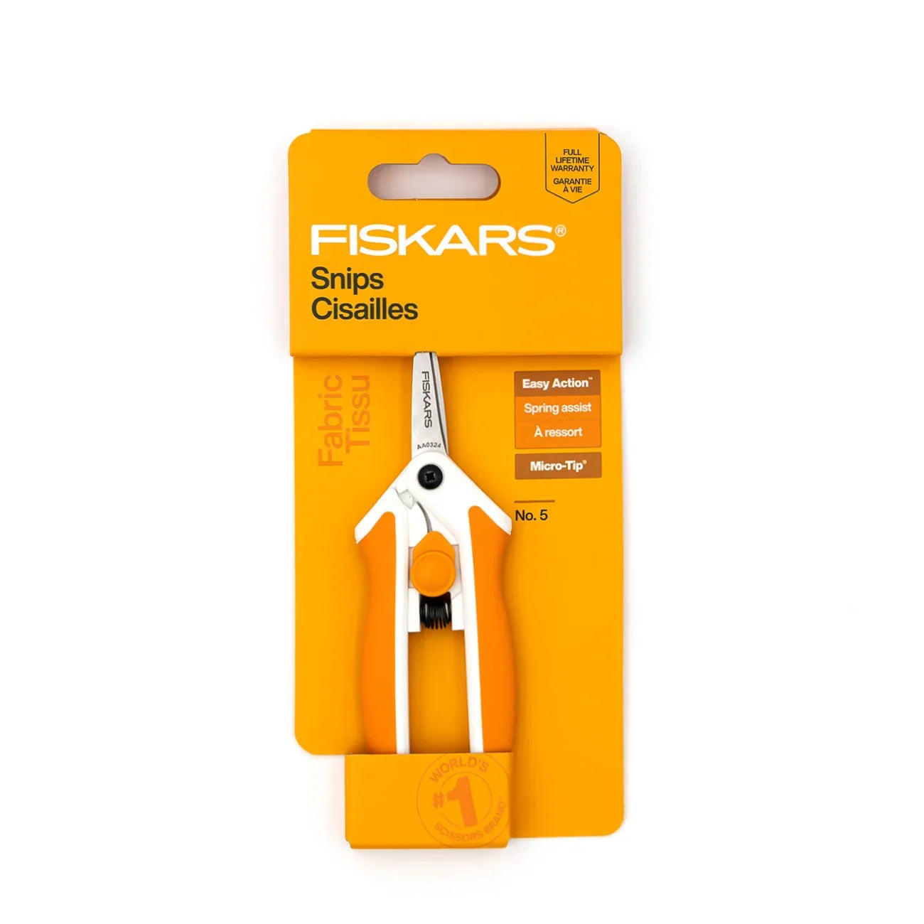 Fiskars micro-tip easy action scissors with orange handles, packaged for fabric cutting