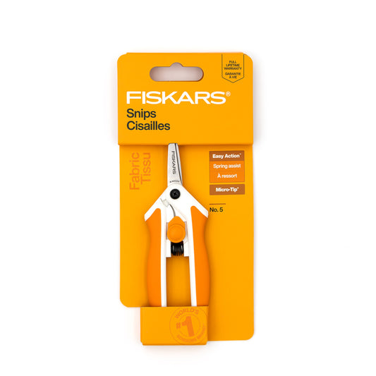Fiskars micro-tip easy action scissors with orange handles, packaged for fabric cutting