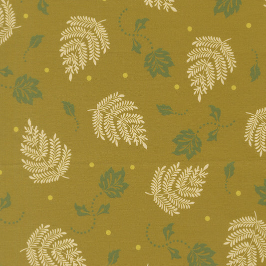 Olive fabric with cream and green paisley leaf pattern
