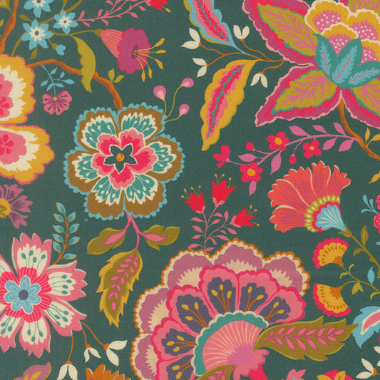 Dark teal floral print fabric with multicolor blossoms and leaves repeat pattern