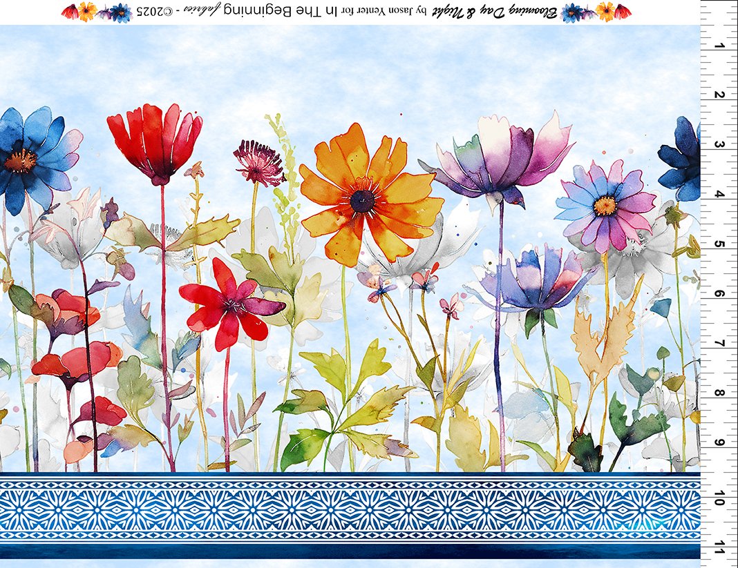 Blooming Day & Night Border - Blue 1BDN-2 by Jason Yenter from In The Beginning Fabrics