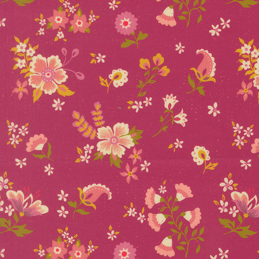 Burgundy floral fabric with pink, orange, and yellow blossoms and small leaf motifs