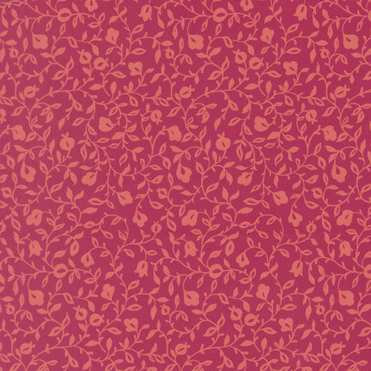 Pomegranate red floral vine cotton fabric with small leaf motifs