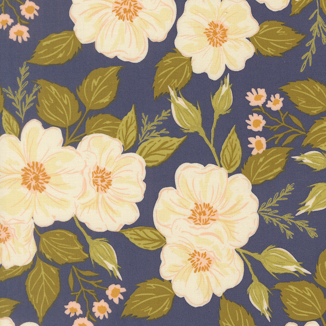 Wildbriar Maine Blueberry floral fabric with cream flowers, olive leaves, and a dark blue ground