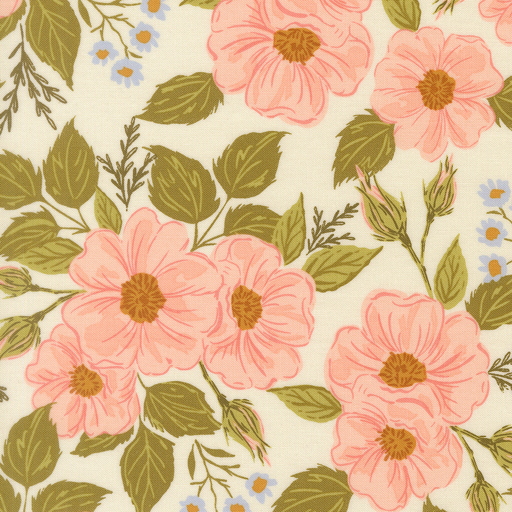 Moda Fabrics Wildbriar Blush cotton fabric with pink flowers, olive leaves, and a cream ground