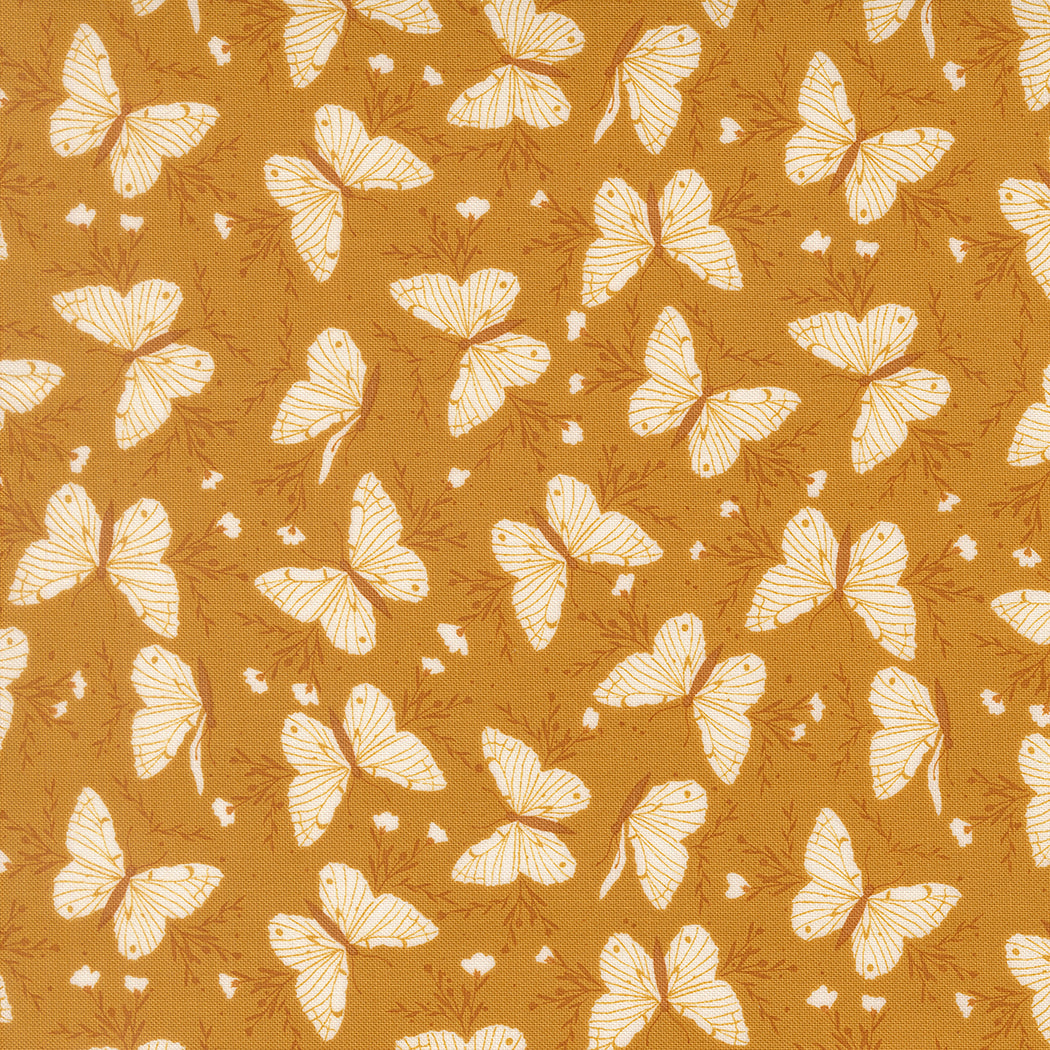 Wildbriar Golden cotton fabric with cream butterflies and small floral motifs