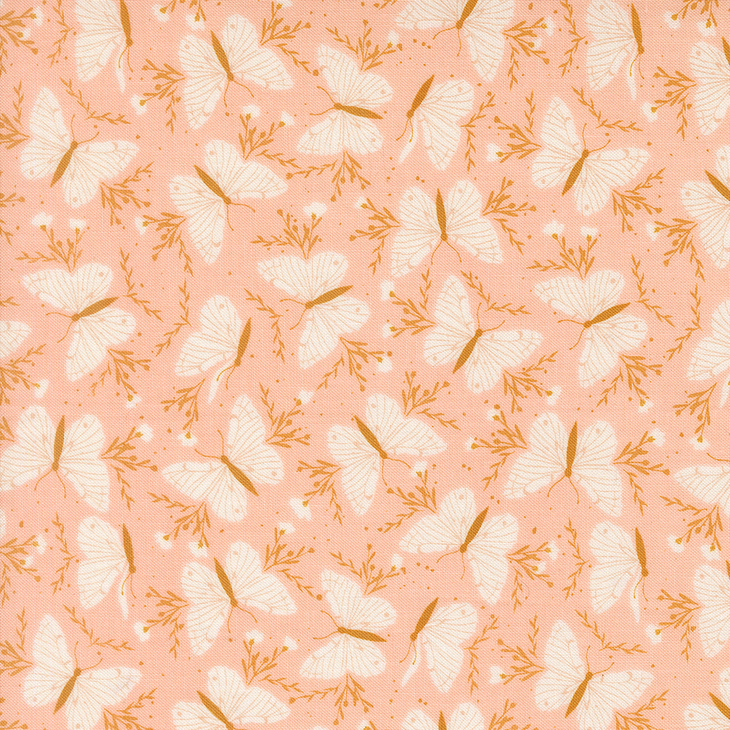 Moda Fabrics Wildbriar blush fabric with white butterflies and delicate golden foliage