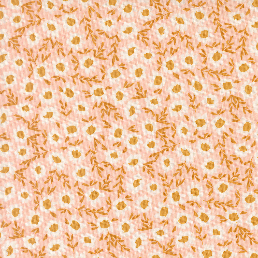 Wildbriar Blush 43222 13 floral fabric with white flowers and ochre leaves on blush