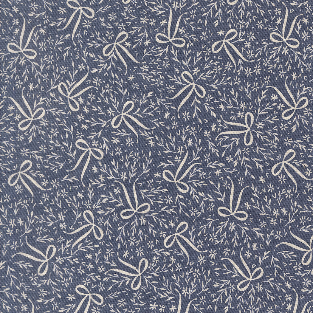 Blueberry fabric with a cream bow and leafy sprig print