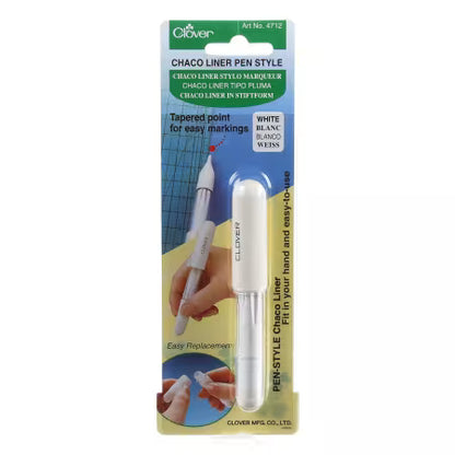 Clover white chaco liner pen with a tapered tip in clear blister packaging