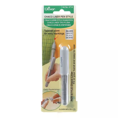 Clover silver Chaco liner pen in retail packaging, with a tapered marking tip