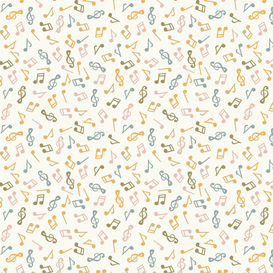 Ivory quilt cotton fabric with repeating musical notes in orange, blue and green