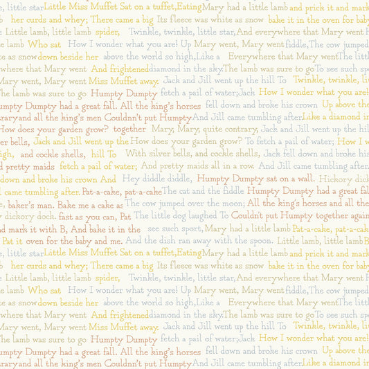 Ivory cotton quilting fabric with dense nursery rhyme text print