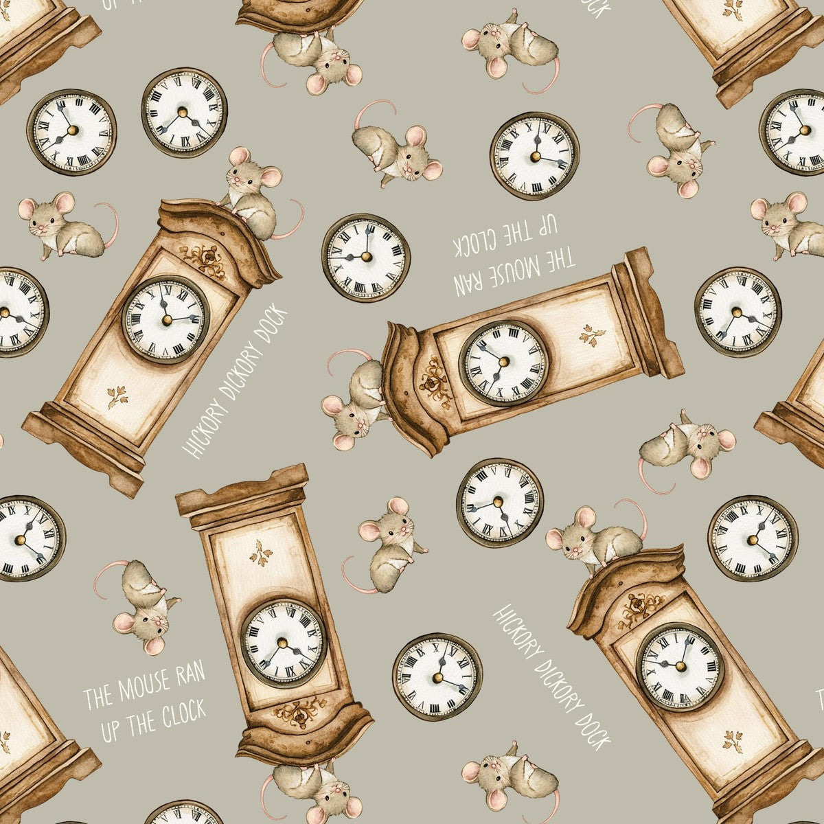 Nursery Rhyme Time Hickory Dickory Dock Light Gray 4840-90 by Oleander Studio for Blank Quilting