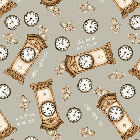 Light gray nursery rhyme cotton fabric with antique clock and mouse pattern
