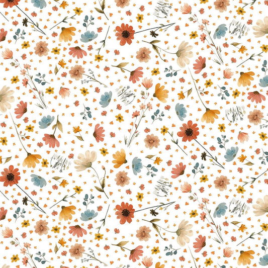 Ivory cotton fabric with small multicolor ditsy flower pattern