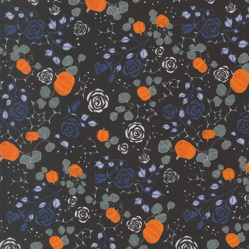 Coven Small Garden Onyx 48803 16 by Robin Pickens for Moda Fabrics - pumpkins and flowers on black Halloween quilting fabric
