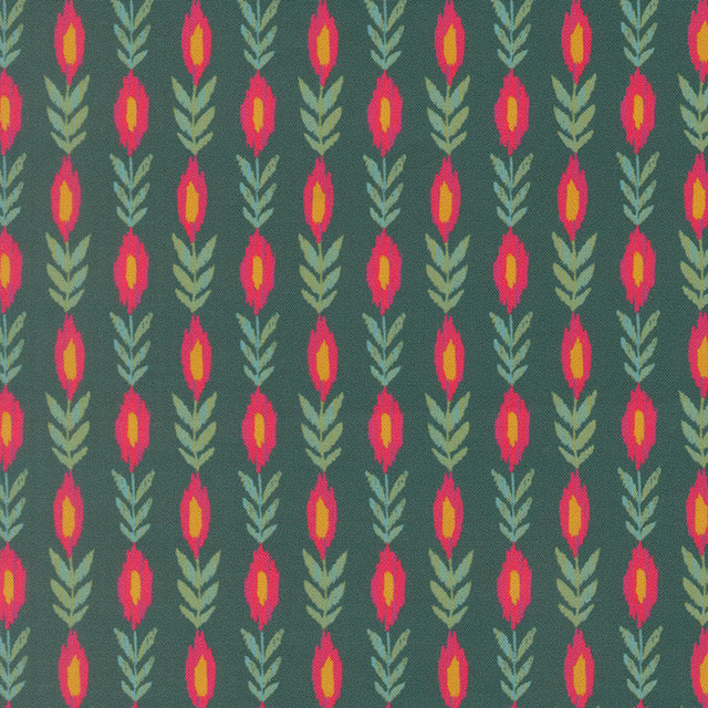 Dark teal fabric with repeating vine leaf pattern and bright pink-orange teardrop motifs