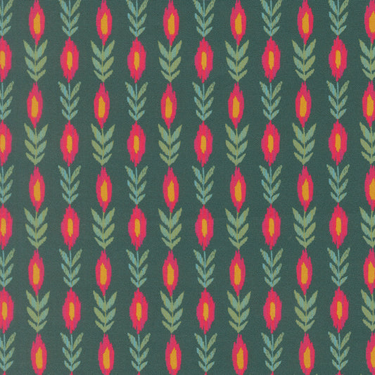 Dark teal fabric with repeating vine leaf pattern and bright pink-orange teardrop motifs