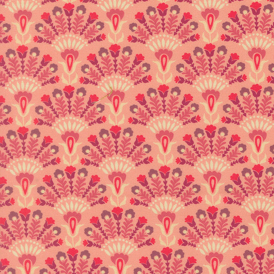 Floral cotton fabric with coral pink and red repeating fan and tulip motifs