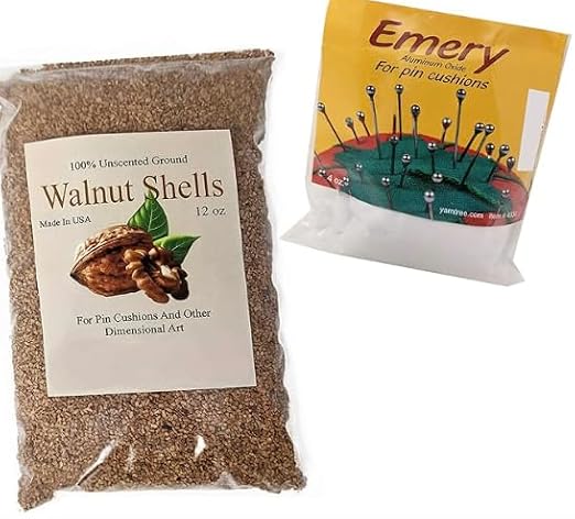 Walnut shell fill and Emery pack for pin cushions, two pouches in brown and yellow