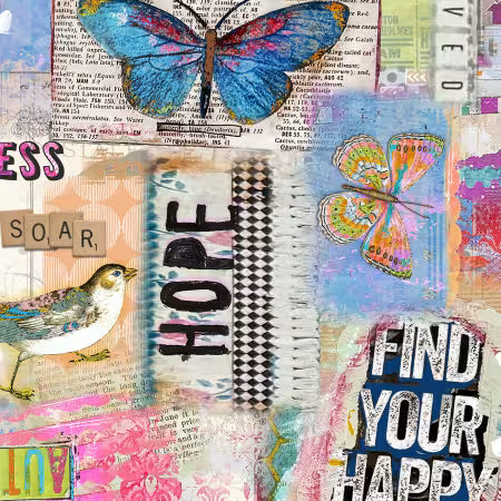 Printed quilting fabric with a colorful collage of butterflies, a bird, text, and geometric patterns