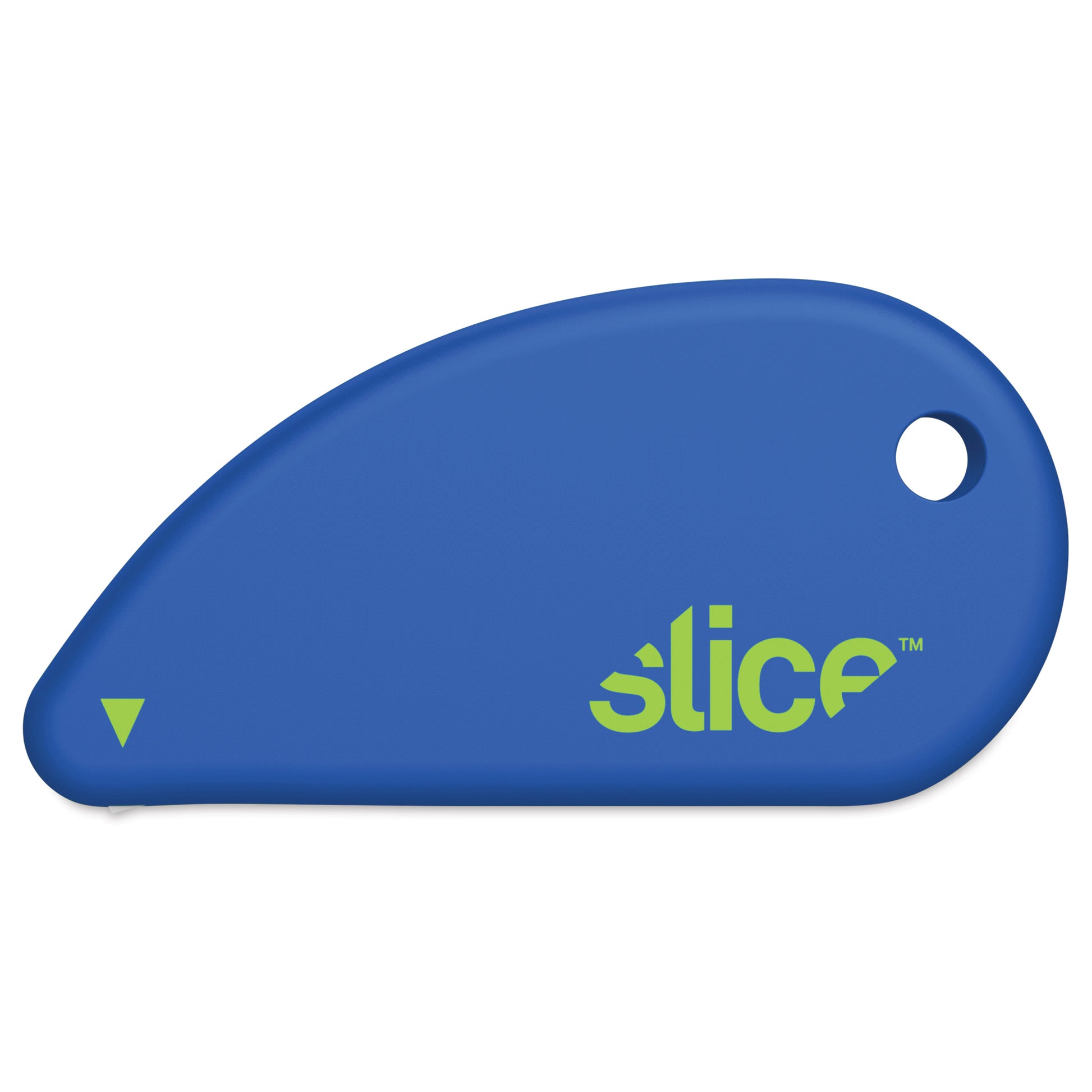 Slice blue safety cutter with oval body and blade slider opening