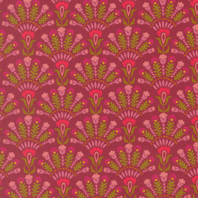 Wine-red floral patchwork fabric with pink blooms and green leaves pattern