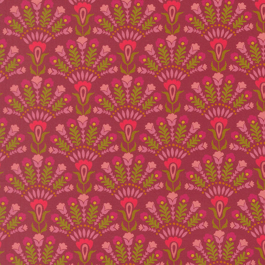 Wine-red floral patchwork fabric with pink blooms and green leaves pattern