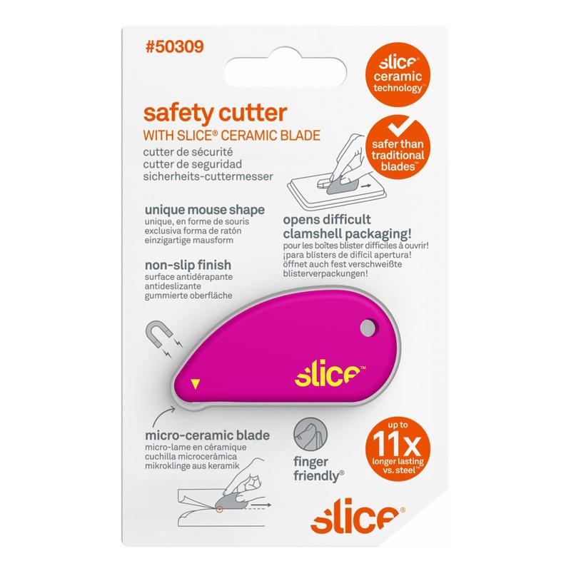 Fuchsia mouse-shaped safety cutter with ceramic blade, non-slip finish