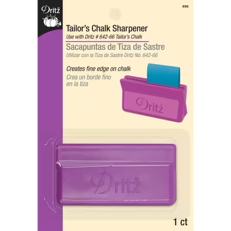 Tailor's chalk sharpener with purple body and blue top, for use with chalk boards