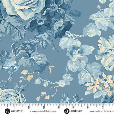 Floral twill fabric with pale blue and cream rose and leaf motifs