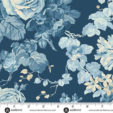 Navy floral fabric with light blue rose bouquet and vine pattern