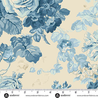 Blue and cream floral cotton fabric with rose bouquet pattern