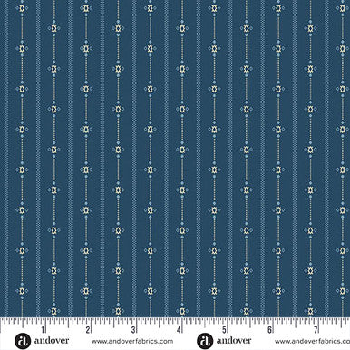 Deep lake blue homespun fabric with vertical stripes and small motifs, Edyta Sitar for Andover
