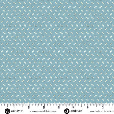 Light blue cotton fabric with white daisy and blueberry motif pattern
