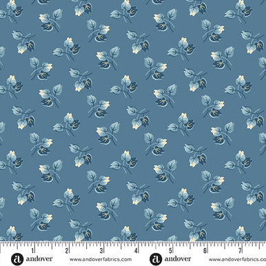 Cotton fabric with small blue floral print on light blue background, repeating pattern