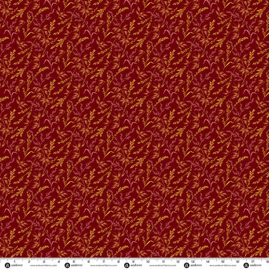 Leaf branch fabric in deep maroon with amber/gold vine pattern