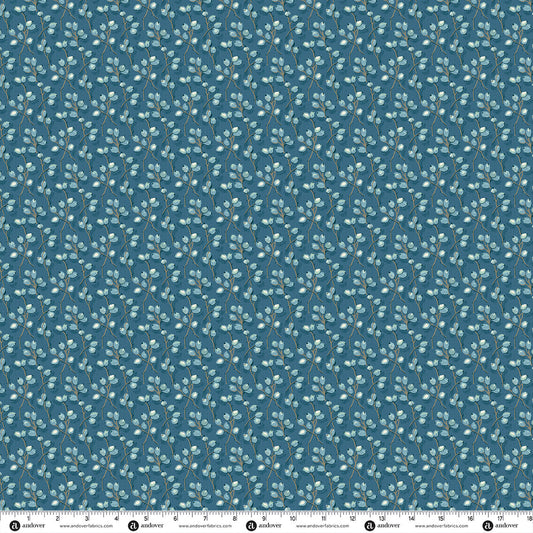 Blue cotton quilting fabric with small white floral sprigs and branching stems