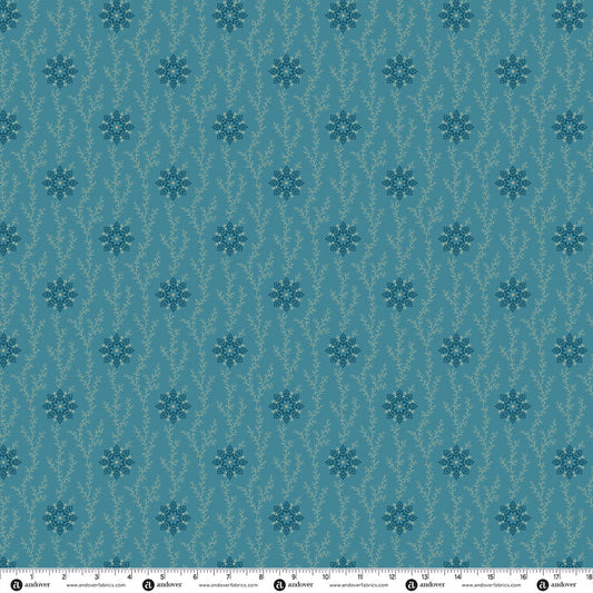 Blue willow linen and lace fabric with repeating floral medallion pattern