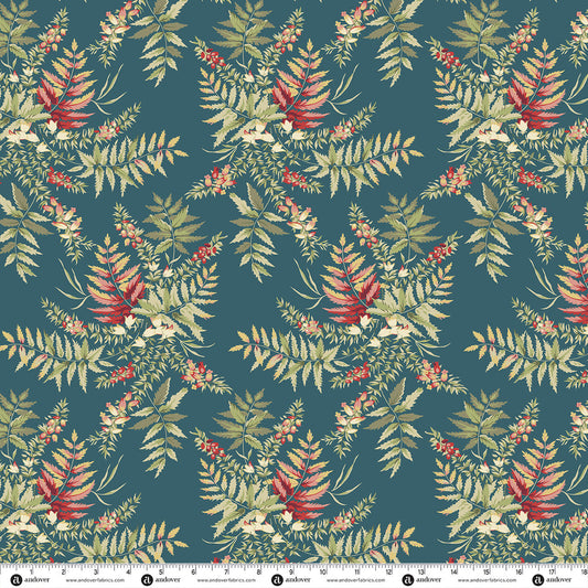 Blue velvet fabric with botanical fern and floral pattern